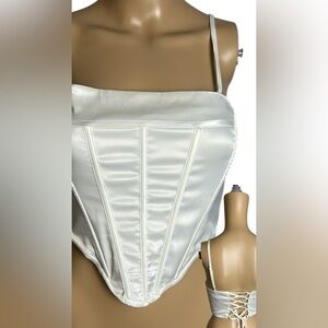 white bustier,corset,lace up  satin,Bridgeton,adjustable ,Fashion Nova EC
